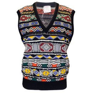 STELLA JEAN BLACK MULTI SLEEVELESS V-NECK WOOL KNIT JACQUARD VEST